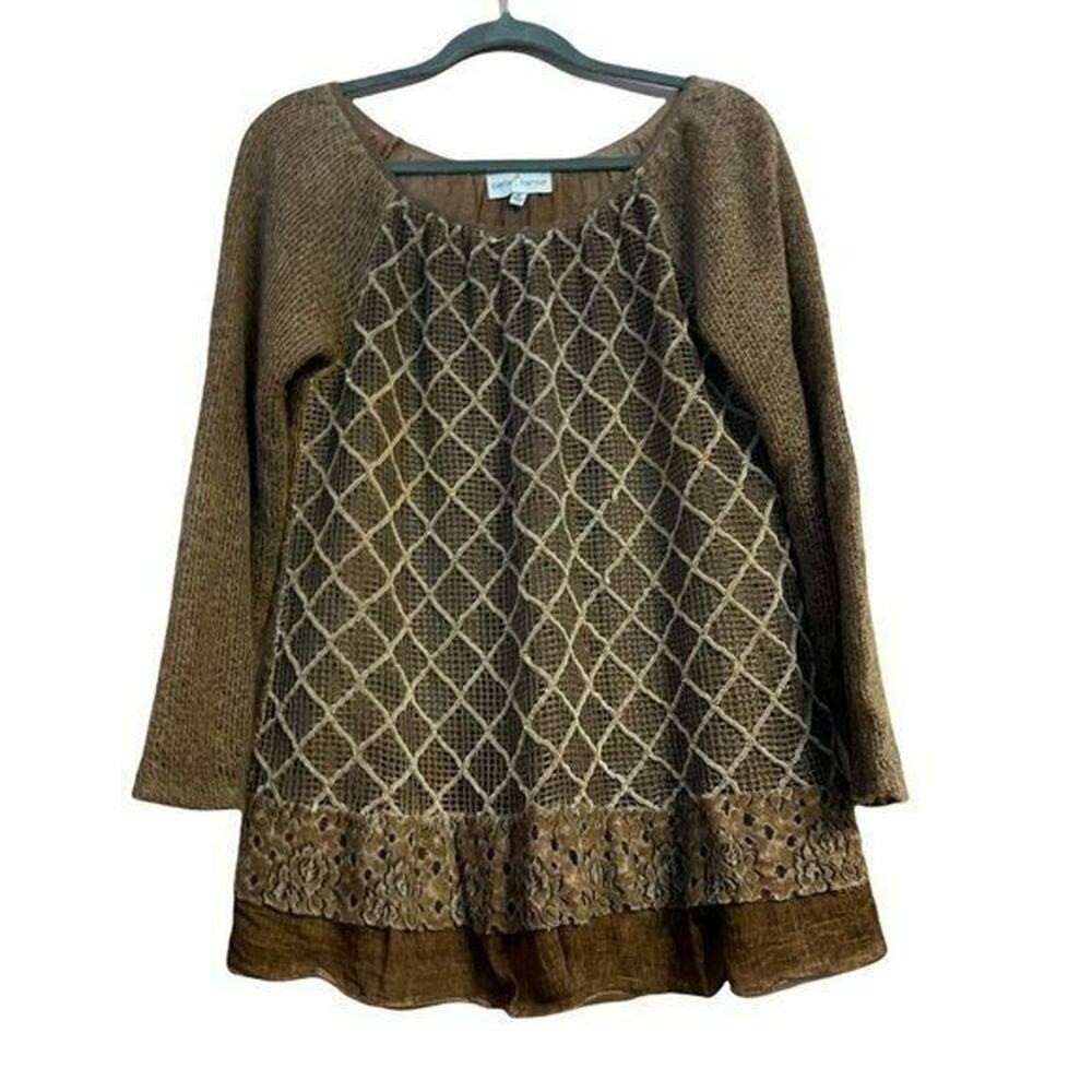 Belle France Brown Boho Lattice Knit Long Sleeve Tunic Sweater Top Size M
